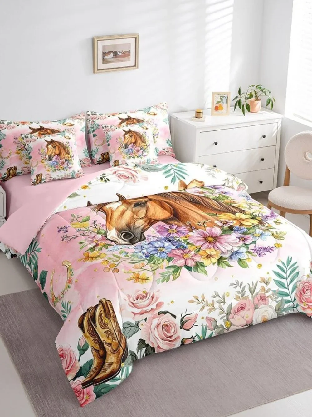 Western Cowgirl Horse Twin Bedding Set 7 Piece for Girls Kids,Cute Boho Pink Flo
